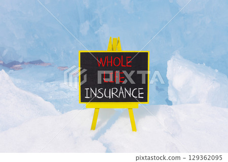 Whole life insurance symbol. Concept words Whole life insurance on beautiful black yellow blackboard. Beautiful blue Baikal ice background. Business whole life insurance concept. Copy space. 129362095