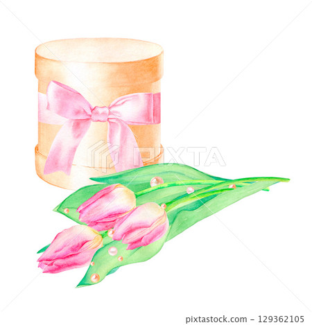 Watercolor illustration: festive composition of a box with a bow, a bouquet with tulips and pearls, hand-drawn. Isolated on a white background, suitable for the design of cards, congratulations, etc. 129362105