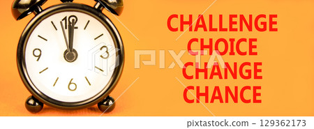 Challenge choice change chance symbol. Concept words Challenge choice change chance on beautiful orange paper. Beautiful orange background. Business Challenge choice change chance concept. Copy space. 129362173