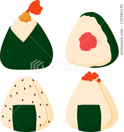 Set of onigiri. Japanese fast food made of rice with stuffing, molded in the form of a triangle in nori seaweed Set of onigiri. Japanese fast food made of rice with stuffing, molded in the form of a triangle in nori seaweed 129362276