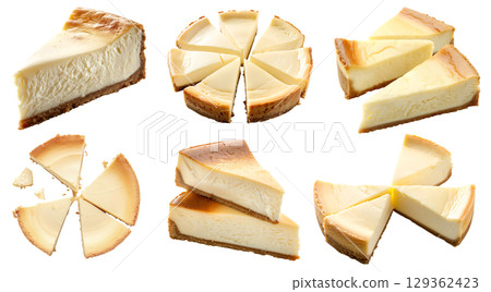 Set of classic traditional cheesecake cake pastry dessert, on transparent cutout, PNG file. Many assorted different angles, stack, broken, slice, pile. Mockup template for artwork 129362423