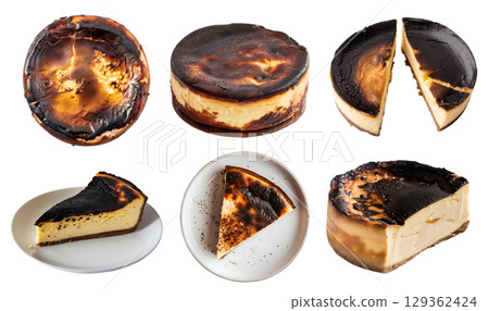 Set of burnt crustless Basque cheesecake cake pastry dessert, on transparent cutout, PNG file. Many assorted different angles, stack, broken, slice, pile. Mockup template for artwork 129362424