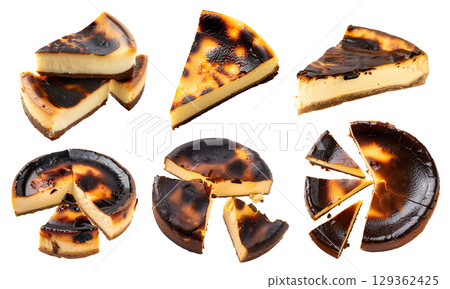 Set of burnt crustless Basque cheesecake cake pastry dessert, on transparent cutout, PNG file. Many assorted different angles, stack, broken, slice, pile. Mockup template for artwork 129362425