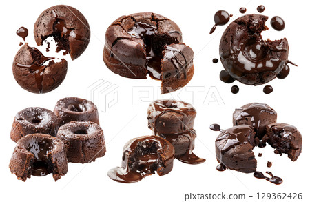 Set of Molten Chocolate lava cake pastry dessert with gooey filling on transparent cutout, PNG file. Many assorted different angles, stack, broken, slice, pile. Mockup template for artwork 129362426