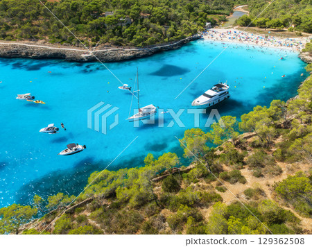 Aerial view. Yachts anchored in turquoise sea bay with pine trees 129362508