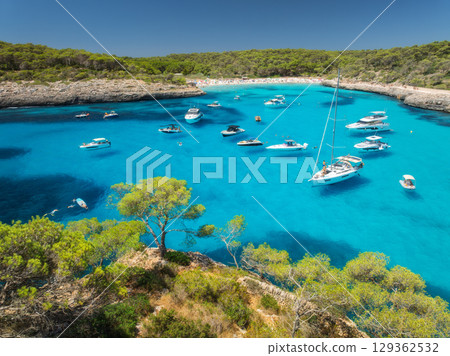 Aerial view. Yachts anchored in turquoise sea bay with pine trees Aerial view. Yachts anchored in turquoise sea bay with pine trees 129362532
