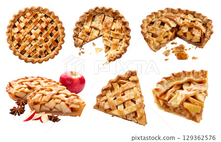 Set of classic tradition lattice apple pie tart tartlet pastry dessert, on transparent cutout, PNG file. Many assorted different angles, stack, broken, slice, pile. Mockup template for artwork 129362576