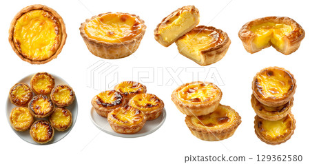 Egg tart custard Pastel de nata pastry on transparent cutout, PNG file. Many assorted different angles, stack, broken, pile. Mockup template for artwork 129362580