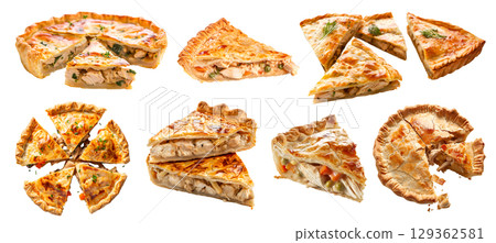 Set of classic tradition meat Chicken Pot Pie tart tartlet pastry dessert, on transparent cutout, PNG file. Many assorted different angles, stack, broken, slice, pile. Mockup template for artwork 129362581
