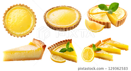 Set of classic tradition lemon pie tart tartlet pastry dessert, on transparent cutout, PNG file. Many assorted different angles, stack, broken, slice, pile. Mockup template for artwork 129362583