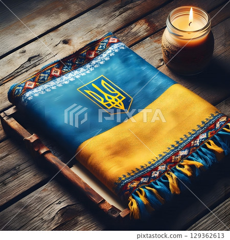 Folded Ukrainian Flag with Burning Candle on Wooden Background 129362613