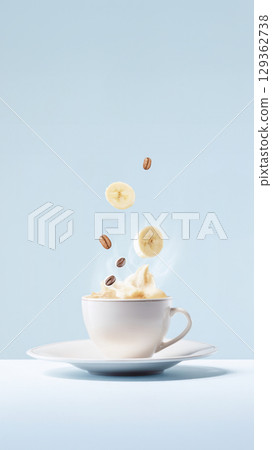 Banana Coffee In White Cup With Flying Slices And Beans On Pastel Background. Concept Of Unusual Flavor Pairings, Creative Caf Menu, And Minimalist Beverage Aesthetic For Coffee Branding 129362738