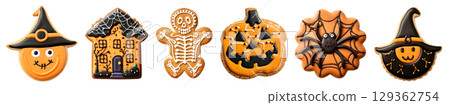 Set of Gingerbread halloween pumpkin, skeleton, Jack O Lantern, haunted house, witch, spider cobweb cookie biscuit on transparent cutout PNG file. Many different design. Mockup template for design Set of Gingerbread halloween pumpkin, skeleton, Jack O Lantern, haunted house, witch, spider cobweb cookie biscuit on transparent cutout PNG file. Many different design. Mockup template for design 129362754