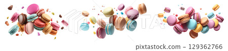 Set of colourful Macaroon Macaron flying floating dropping with crumbs pieces frosting on transparent background cutout, PNG file. Many assorted different. Mockup template for artwork Set of colourful Macaroon Macaron flying floating dropping with crumbs pieces frosting on transparent background cutout, PNG file. Many assorted different. Mockup template for artwork 129362766