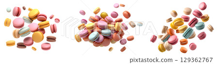 Set of colourful Macaroon Macaron flying floating falling dropping on transparent background cutout, PNG file. Many assorted different. Mockup template for artwork 129362767