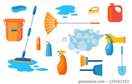 Set of cleaning supplies tools accessories: buckets, tools, brushes, basins, gloves, sponges. Household supplies, cleaning up debris and dust Set of cleaning supplies tools accessories: buckets, tools, brushes, basins, gloves, sponges. Household supplies, cleaning up debris and dust 129362783