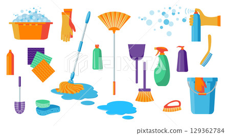 Set of cleaning supplies tools accessories: buckets, tools, brushes, basins, gloves, sponges. Household supplies, cleaning up debris and dust 129362784