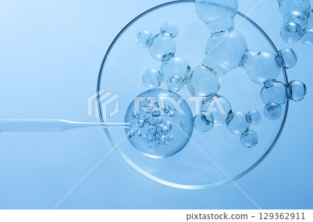 Abstract cosmetic laboratory. Chemical laboratory research. Cosmetic Essence. Bubbles in Petri Dish 129362911