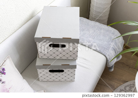 Close up shot of decorative carton box. Household items 129362997