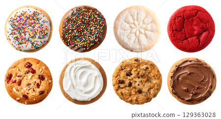 Collection of round cookie cookies biscuit, sprinkle and icing set, on transparent background cutout. PNG file. Many assorted different flavour. Mockup template for artwork design 129363028
