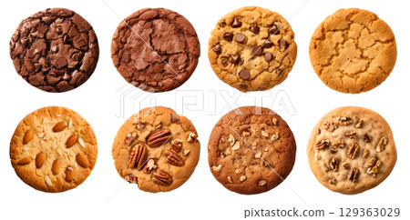Collection of round cookie cookies biscuit, classic and nut set, on transparent background cutout. PNG file. Many assorted different flavour. Mockup template for artwork design 129363029
