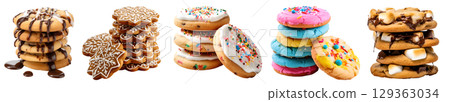 Pile group stack tower of round cookie cookies biscuit, flavour rainbow frosting icing on transparent background cutout. PNG file. Many assorted different flavour. Mockup template for artwork design Pile group stack tower of round cookie cookies biscuit, flavour rainbow frosting icing on transparent background cutout. PNG file. Many assorted different flavour. Mockup template for artwork design 129363034