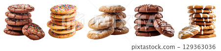 Pile group stack tower of round cookie cookies biscuit, sprinkle and frosting icing set, on transparent background cutout. PNG file. Many assorted different flavour. Mockup template for artwork design 129363036