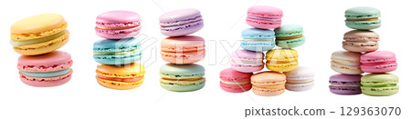 Macaroon Macaron, Pastel collection, group stack tower front view on transparent background cutout, PNG file. Many assorted different colours. Mockup template for artwork 129363070