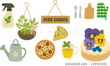 Stylish herb garden cafe illustration set 129363081
