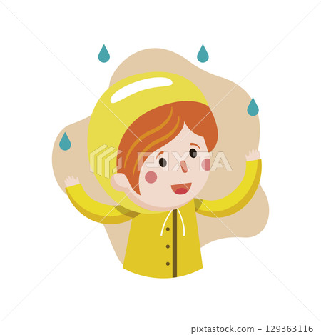 Happy girl in rainy weather. Vector 129363116