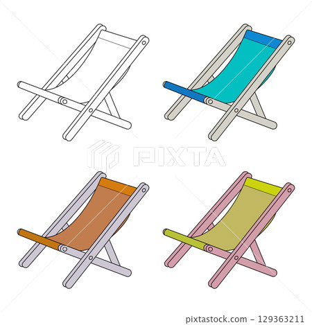 Set of Colorful Beach Deck Chairs Vector Illustration. A vibrant vector illustration featuring four folding beach deck chairs in different color schemes. 129363211