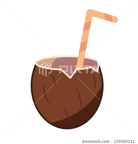 Tropical Coconut Drink with Straw Vector Illustration. A brown coconut opened at the top, filled with a refreshing tropical beverage and adorned with a light orange striped straw. Tropical Coconut Drink with Straw Vector Illustration. A brown coconut opened at the top, filled with a refreshing tropical beverage and adorned with a light orange striped straw. 129363212
