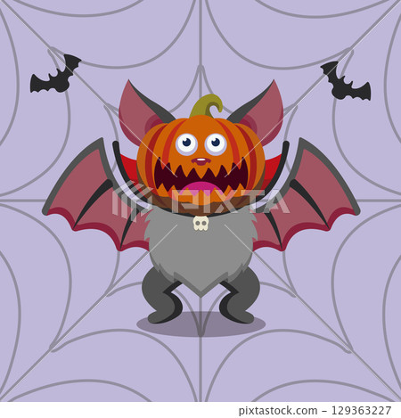 Halloween bat with pumpkin head. Vector 129363227