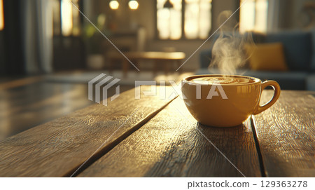 Steaming coffee cup on rustic wooden table in warm light 129363278