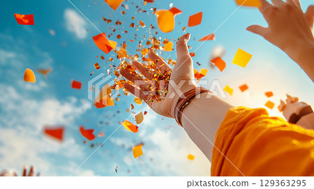 Joyful celebration hands catching orange and gold confetti 129363295