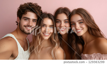 Joyful group portrait of four smiling young adults 129363299
