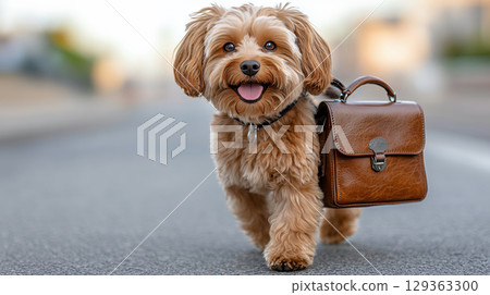 Joyful Maltipoo walking on street with brown briefcase 129363300