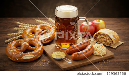 Traditional Oktoberfest food and drink still life with beer, pretzels, sausages, and apple strudel on a wooden table. 129363366