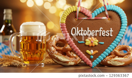 Traditional gingerbread heart cookie with Oktoberfest text against a festive background with beer and pretzel. 129363367