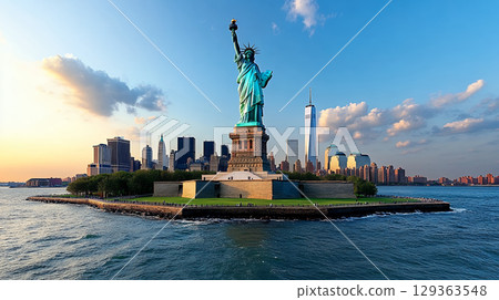 Statue of Liberty New York City skyline at sunset 129363548