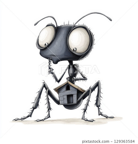 Thoughtful gray anthropomorphic ant holding tiny house illustration 129363584