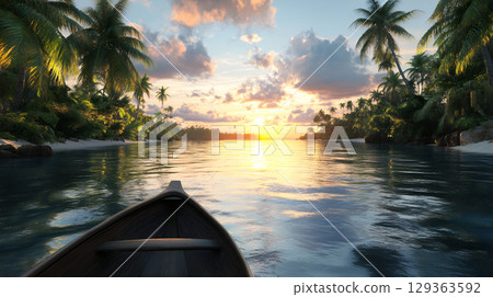 Tropical river sunset with small boat and lush vegetation 129363592