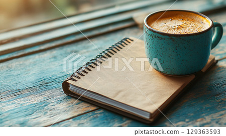 Turquoise mug with coffee on notebook over blue wood table 129363593