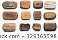 Twelve wooden pieces arranged on white background 129363598