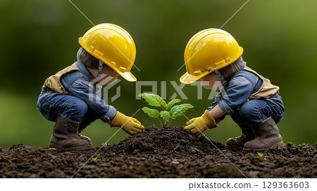 Two child figurines planting sprout in rich soil 129363603