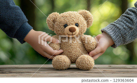 Tender hands holding light brown teddy bear outdoors 129363604