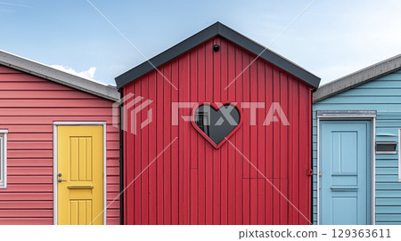 Vibrant colorful beach houses with heart shaped window create 129363611