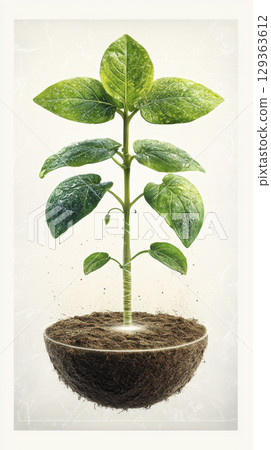 Vibrant green seedling growing in soil sphere, symbolizing life 129363612