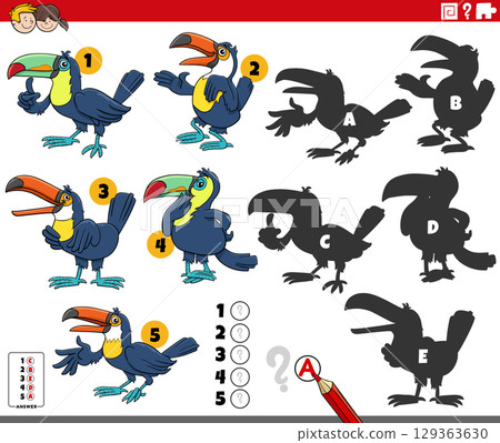 finding shadows puzzle with cartoon toucan birds animal characters 129363630