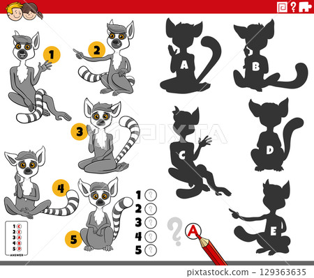 finding shadows puzzle with cartoon lemurs animal characters 129363635